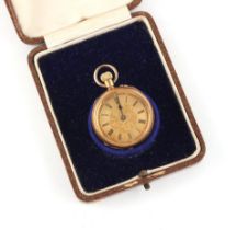 Property of a lady - a late 19th / early 20th century 18ct gold open faced fob watch, keyless