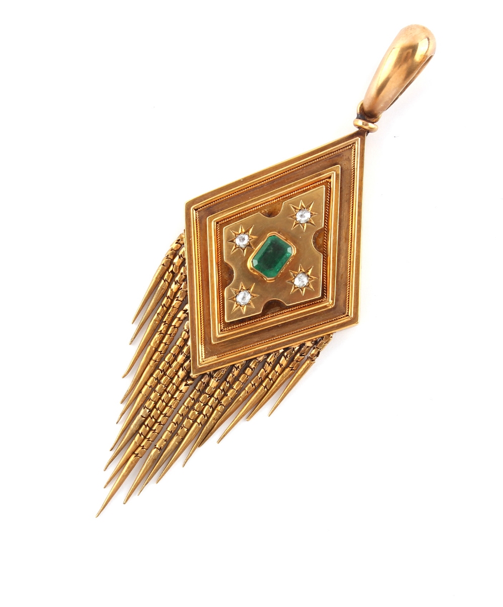 A large Victorian yellow gold (tests 14/15ct) diamond shaped tasseled pendant, circa 1870, set