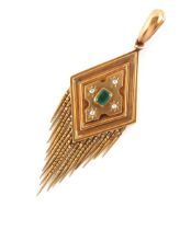 A large Victorian yellow gold (tests 14/15ct) diamond shaped tasseled pendant, circa 1870, set