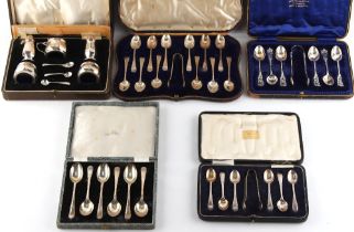 Property of a lady - four cased sets of silver flatware; together with a silver condiment set, in