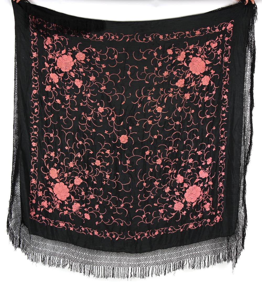Property of a gentleman - a late 19th / early 20th century Chinese black silk shawl with embroidered