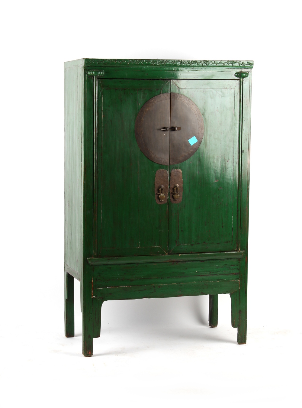 Property of a lady - a Chinese green painted two-door cupboard, late 19th / early 20th century, with