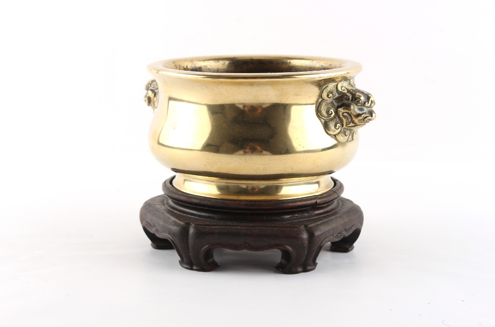 Property of a lady - a Chinese polished bronze censer, 18th century, with lion mask handles, 6- - Image 3 of 5