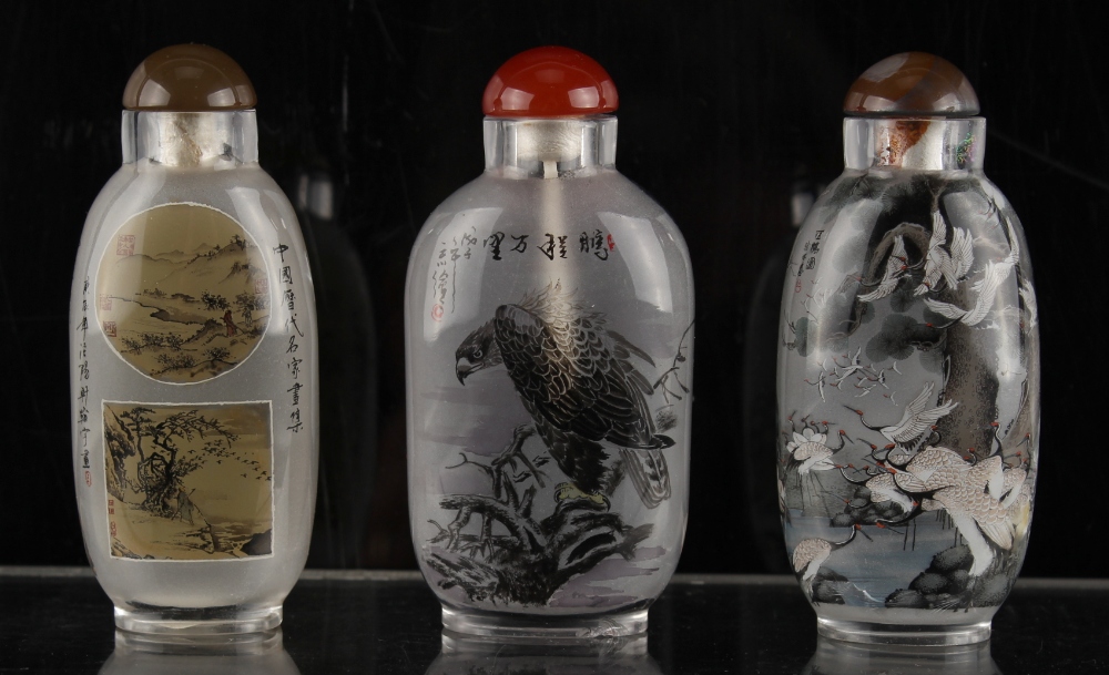 Property of a deceased estate - three Chinese inside painted glass snuff bottles, each of slightly - Image 2 of 2