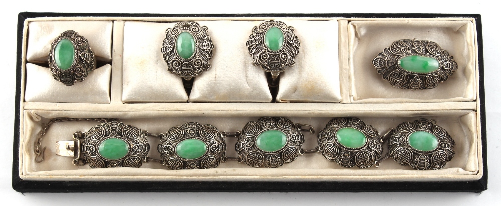 Property of a gentleman - a Chinese silver filigree & oval cabochon jadeite suite of jewellery