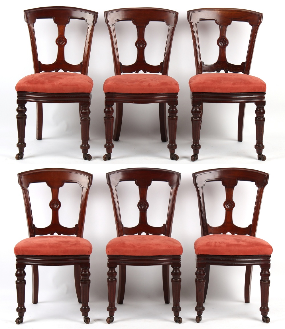 Property of a lady - a set of six Victorian mahogany campaign dining chairs, with drop-in seats &
