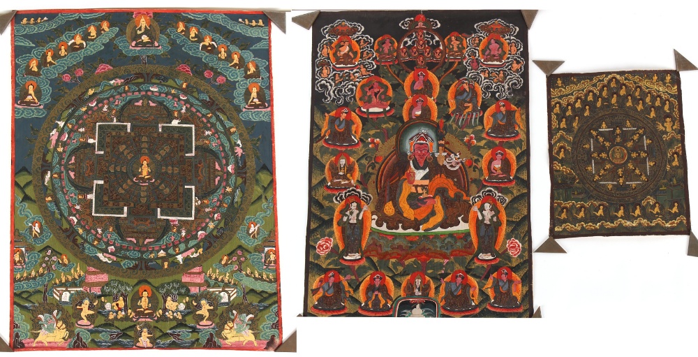 Property of a gentleman - three Tibetan thanka or thangka, all unframed, the largest 34.2 by 25.