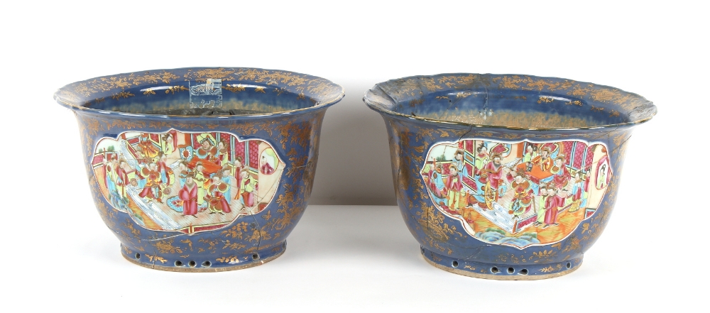 Property of a lady - a pair of 19th century Chinese blue & gilt ground planters or jardinieres, both