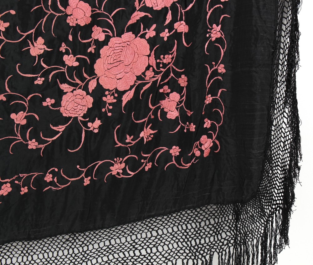 Property of a gentleman - a late 19th / early 20th century Chinese black silk shawl with embroidered - Image 2 of 2