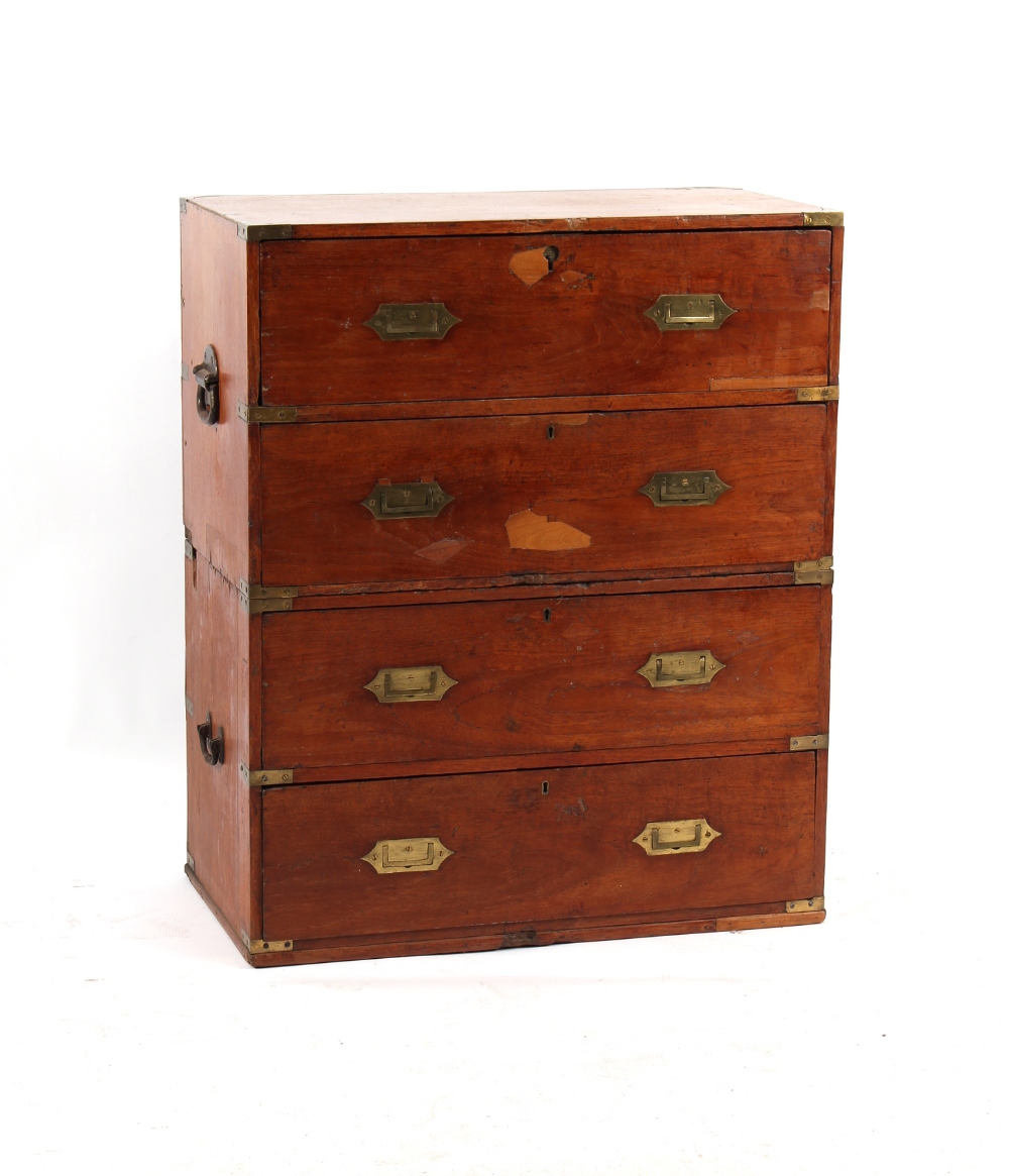 Property of a gentleman - a small late 19th century teak campaign chest, in two parts with a - Image 2 of 3