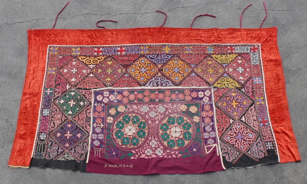 Property of a gentleman - a Kazakh Tuskiiz embroidered yurt wall or door hanging, with added panel