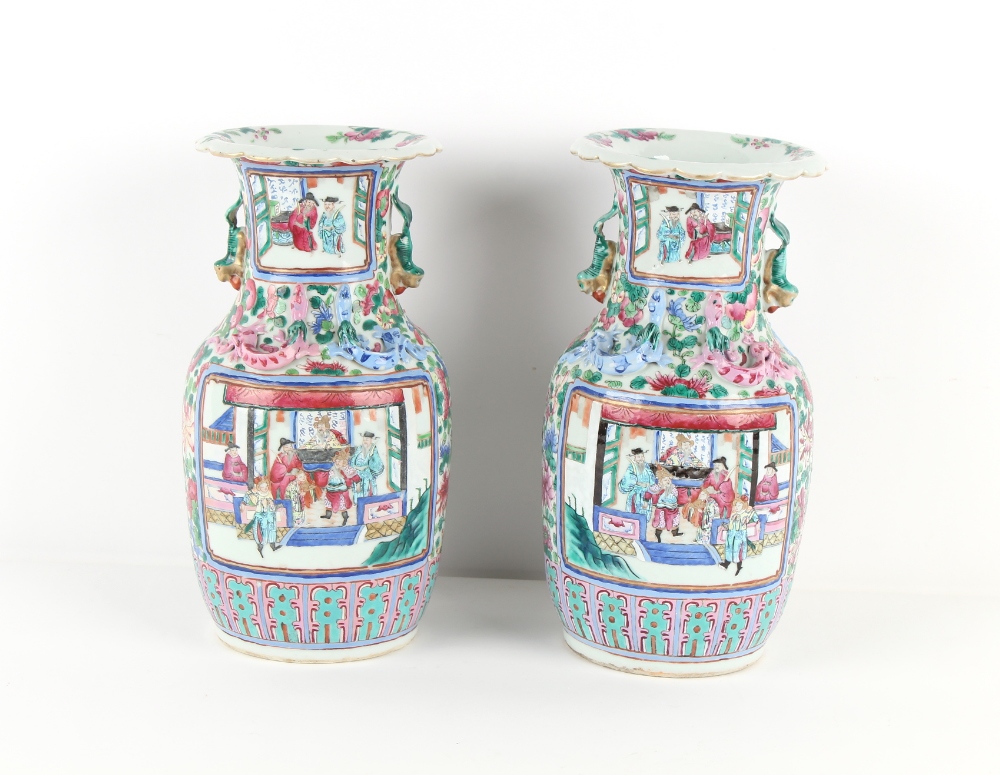 Property of a lady - a pair of late 19th century Chinese Canton famille rose vases, one with re- - Image 2 of 3