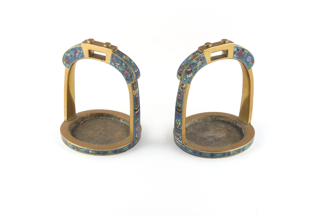 Property of a lady - a pair of Chinese bronze & cloisonne stirrups, 19th century, each 6.5ins. (16. - Image 2 of 3