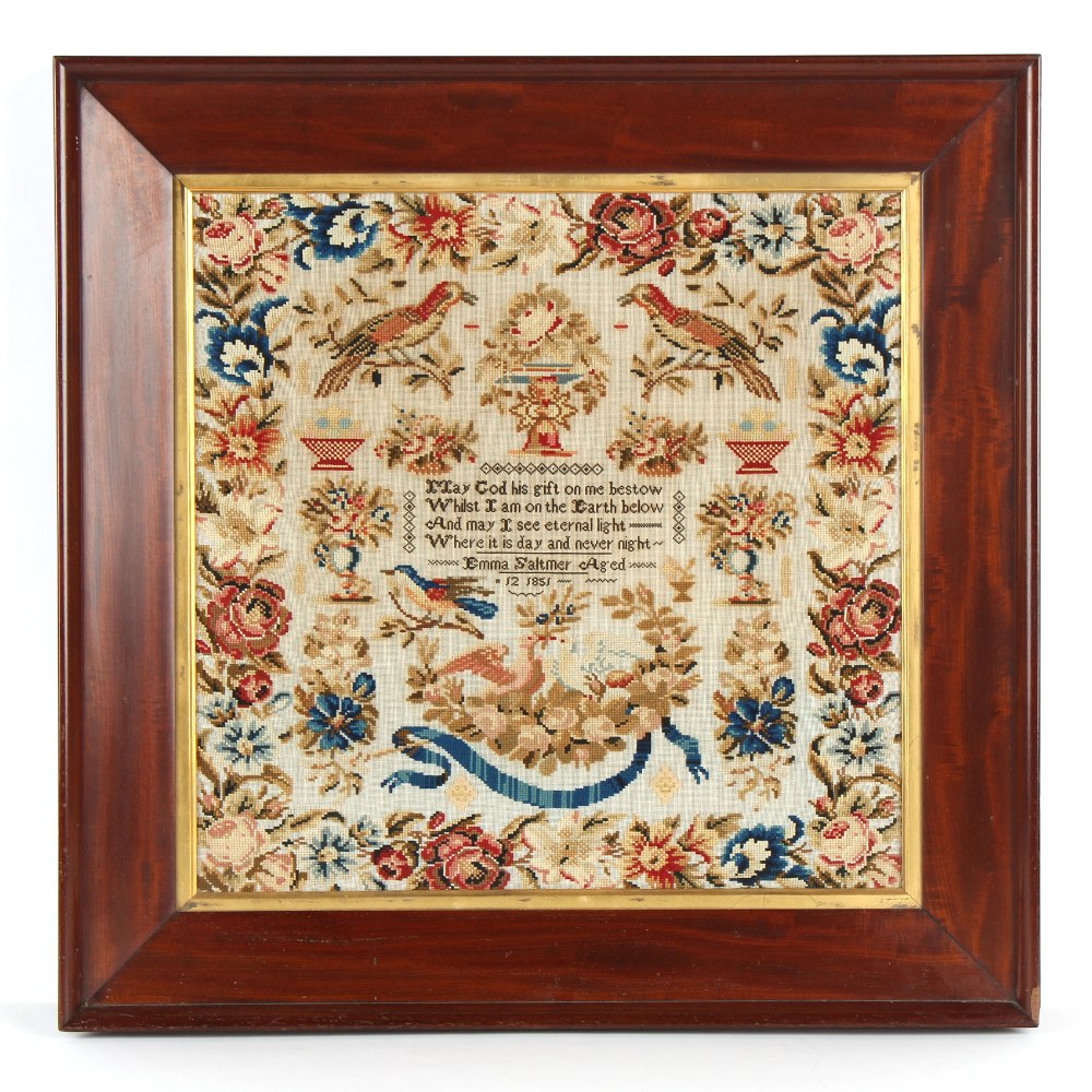Property of a lady - a large Victorian needlework picture or sampler, signed Emma Saltmer, Aged