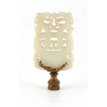 Property of a lady - a Chinese carved white jade pendant plaque adapted as a lampshade finial, 3.