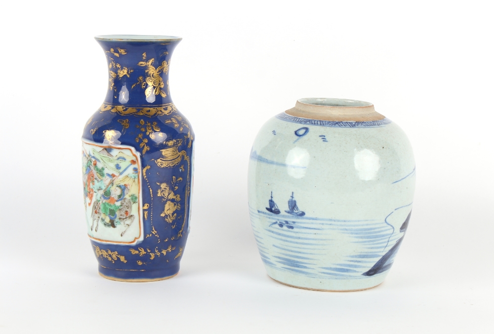 A 19th century Chinese blue ground vase with moulded painted panels depicting warriors, small chip - Image 2 of 3