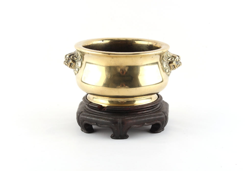 Property of a lady - a Chinese polished bronze censer, 18th century, with lion mask handles, 6-
