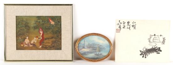 Property of a lady - a late 19th / early 20th century Chinese oval gouache depicting a boat on a