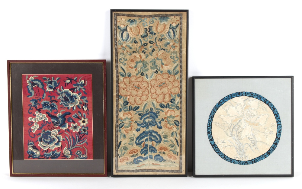 Property of a lady - three Chinese embroidered silk panels, 19th century & later, all framed, the