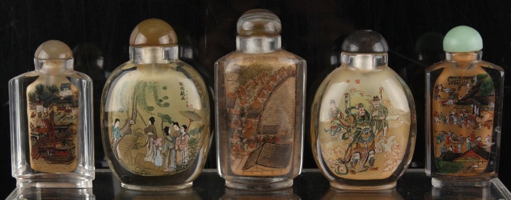 Property of a deceased estate - five Chinese inside painted glass snuff bottles, each painted with