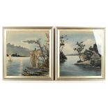 Property of a lady - a pair of early 20th century Japanese silk pictures, one depicting a lake in