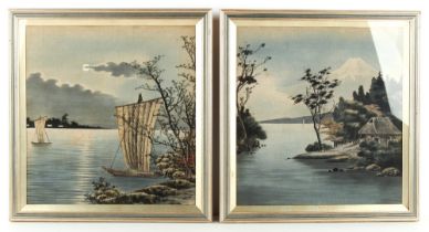 Property of a lady - a pair of early 20th century Japanese silk pictures, one depicting a lake in