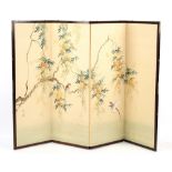 Property of a gentleman - a Japanese four-fold screen, the painted silk panels depicting birds among