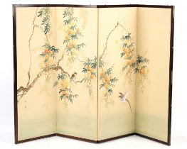 Property of a gentleman - a Japanese four-fold screen, the painted silk panels depicting birds among