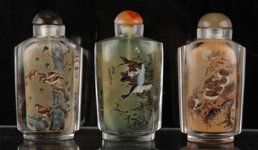 Property of a deceased estate - three Chinese inside painted glass snuff bottles, each of navette - Image 2 of 2