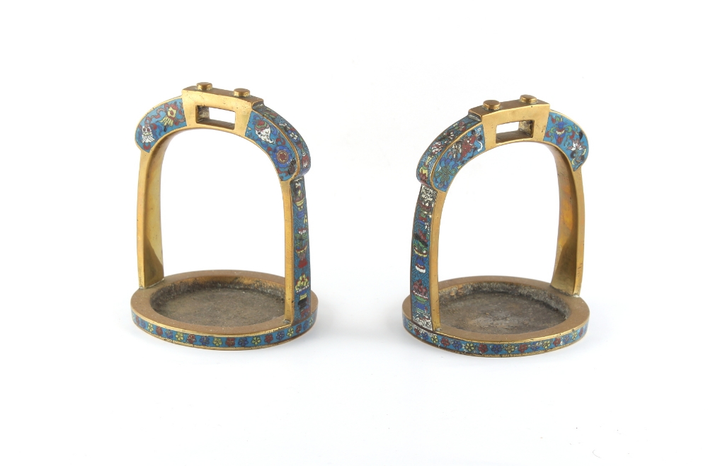 Property of a lady - a pair of Chinese bronze & cloisonne stirrups, 19th century, each 6.5ins. (16.