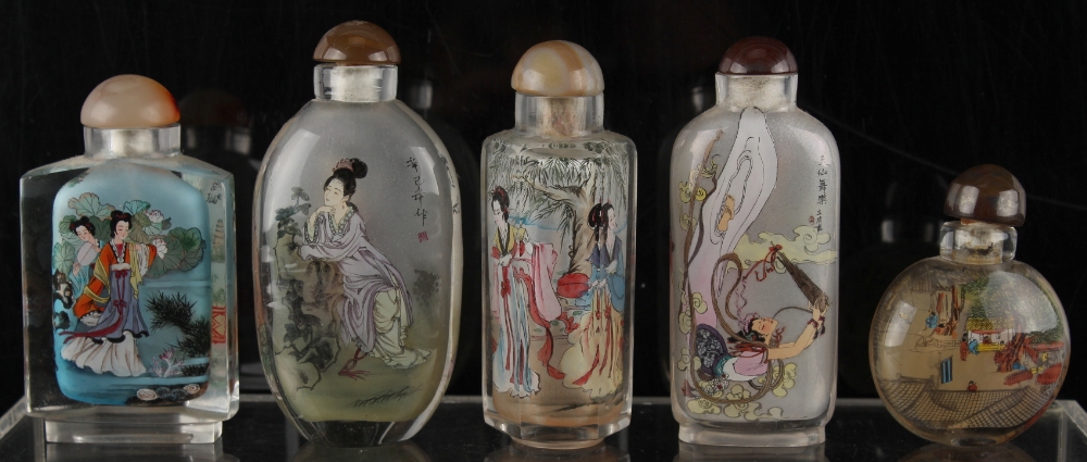 Property of a deceased estate - five Chinese inside painted glass snuff bottles, four depicting