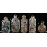 Property of a deceased estate - five Chinese inside painted glass snuff bottles, four depicting