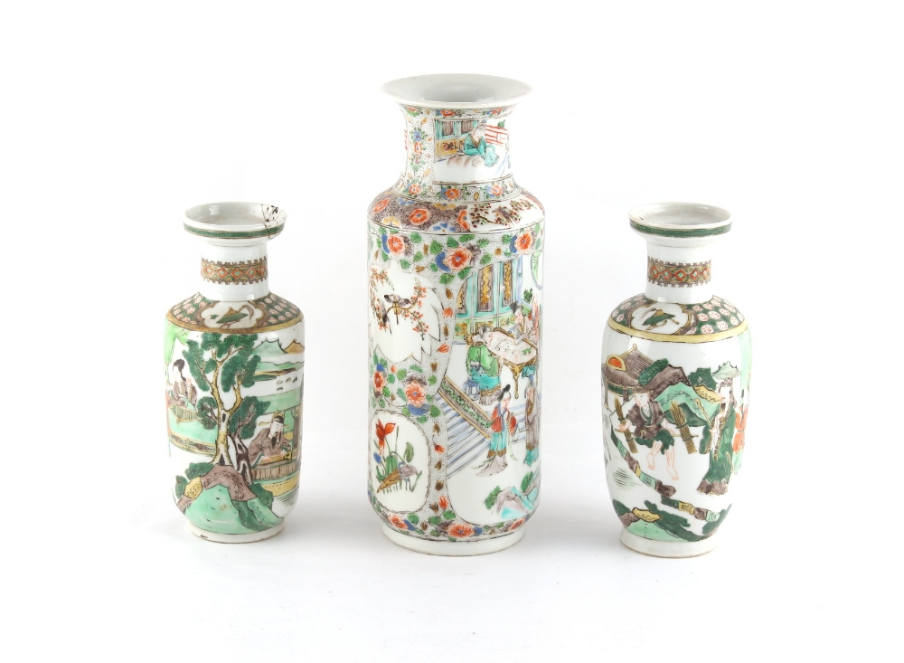 A Chinese polychrome decorated rouleau vase, late 19th 20th century, 10ins. (25.5cms.) high; - Image 2 of 4