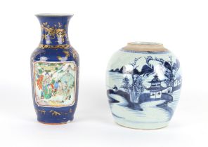 A 19th century Chinese blue ground vase with moulded painted panels depicting warriors, small chip