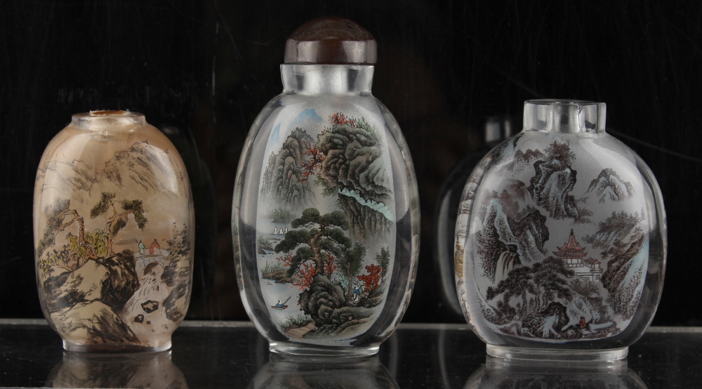 Property of a deceased estate - three Chinese inside painted glass snuff bottles, each of slightly - Image 2 of 2