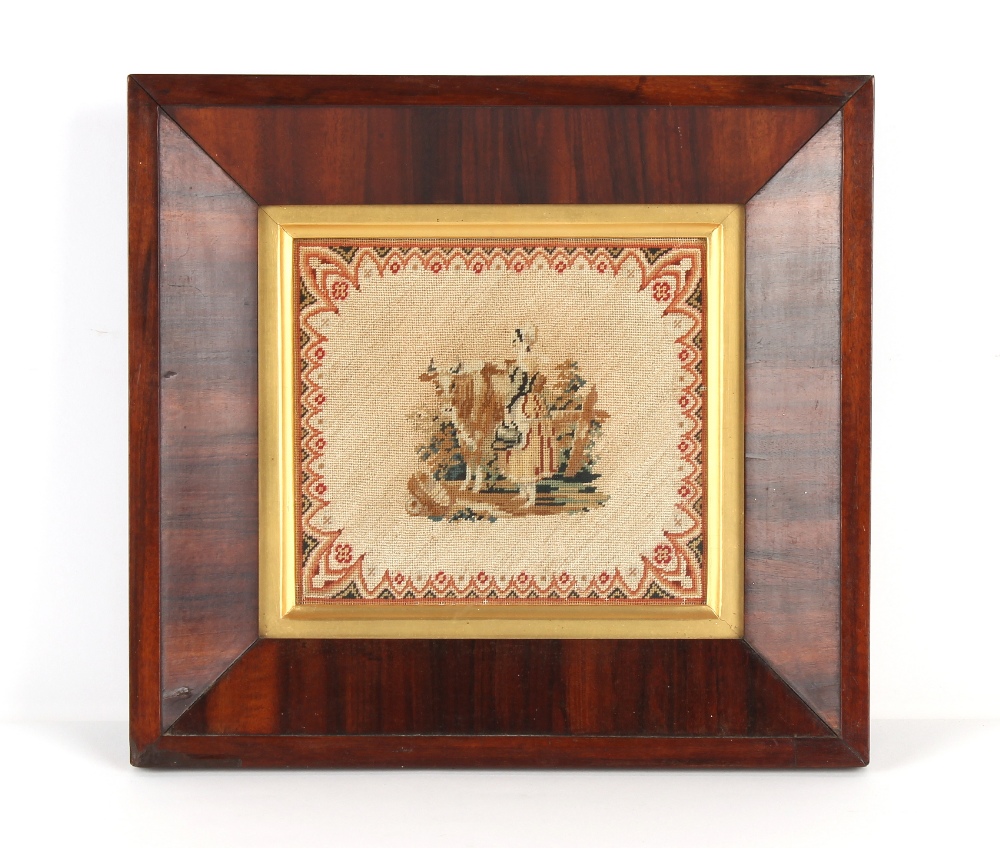 Property of a lady - a mid 19th century rosewood framed needlework picture of a Milkmaid & Cow, 12.