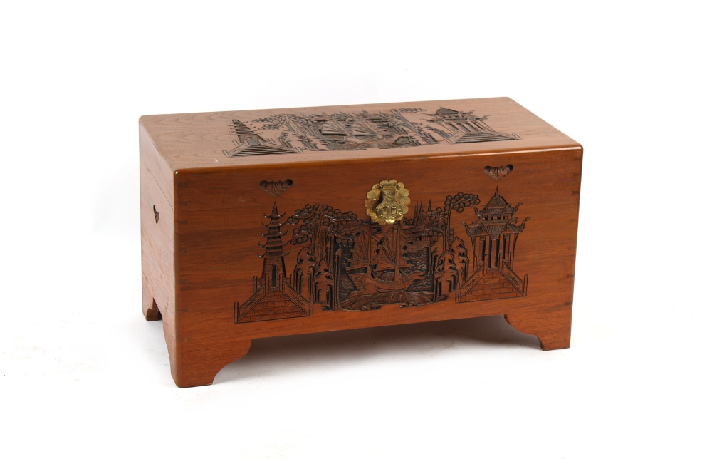 Property of a deceased estate - a mid 20th century Chinese carved camphorwood blanket chest or