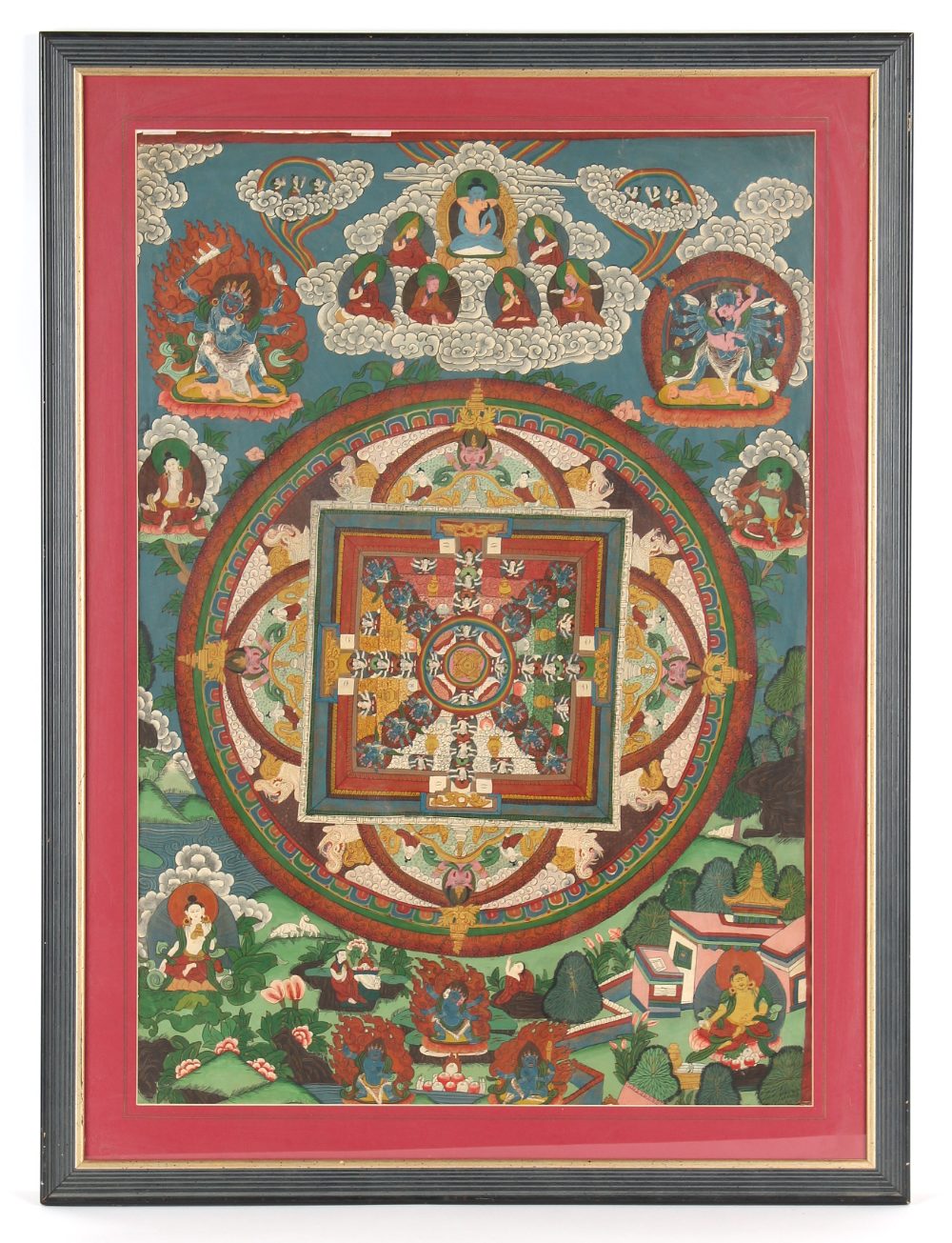 Property of a lady - a Tibetan thangka or thanka, 20th century, painted on linen, in glazed frame,