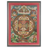 Property of a lady - a Tibetan thangka or thanka, 20th century, painted on linen, in glazed frame,