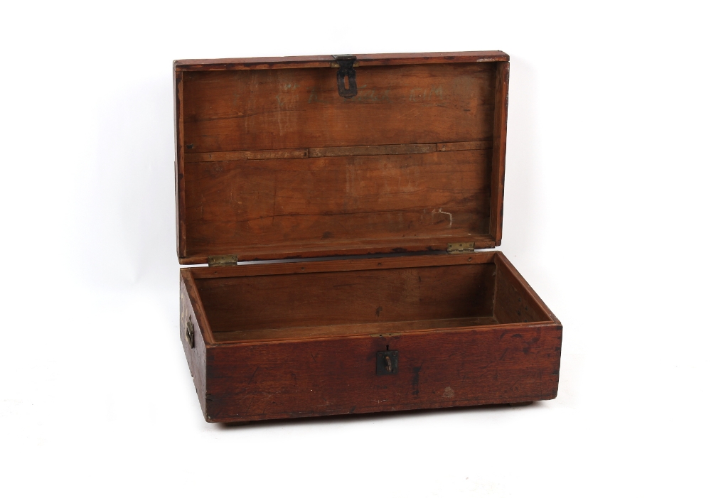 Property of a gentleman - a late 19th / early 20th century teak low trunk, 34.75ins. (88.5cms.) wide - Image 2 of 2