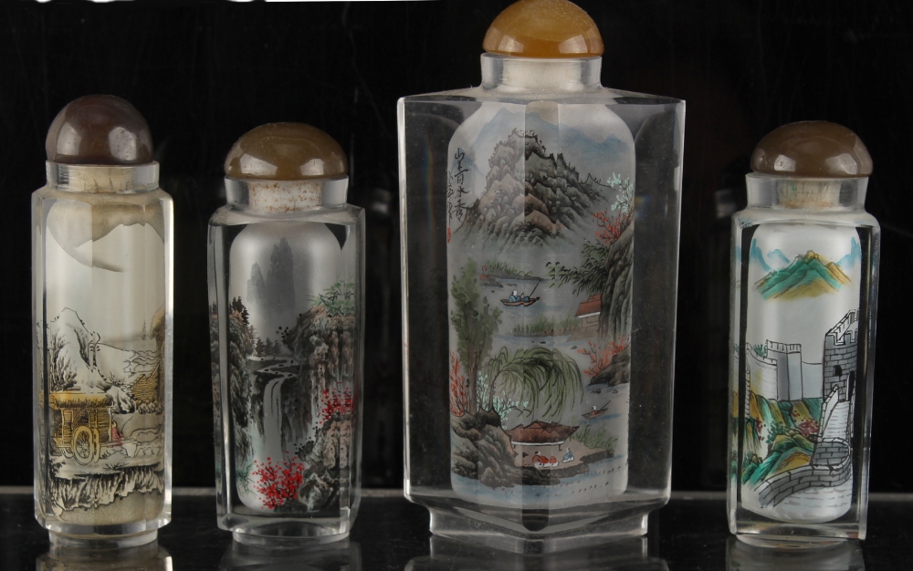 Property of a deceased estate - four Chinese inside painted glass snuff bottles, one of triangular - Image 2 of 2