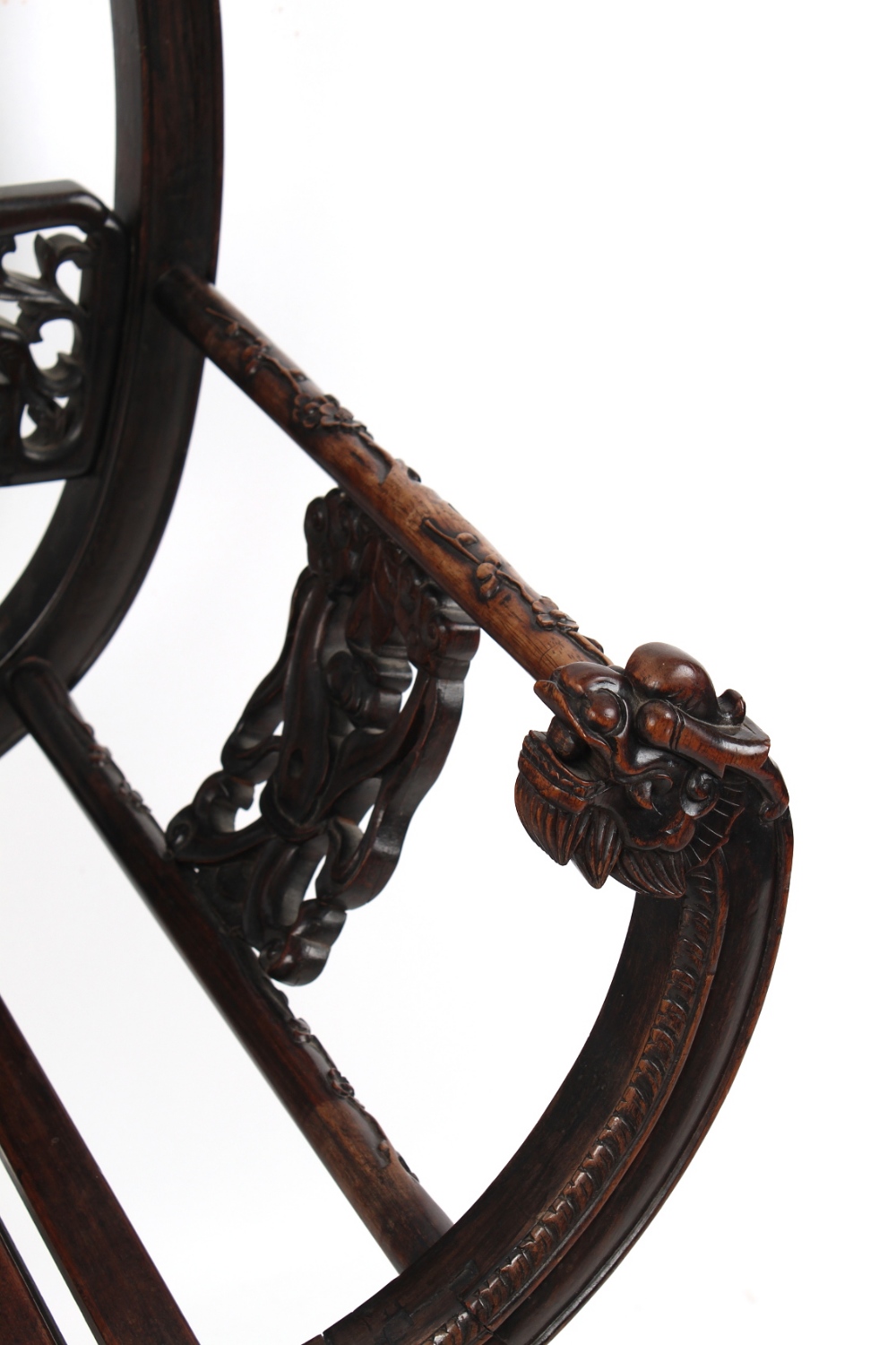 A late 19th century Chinese carved hongmu armchair, the arms carved in relief with prunus, with - Image 3 of 5
