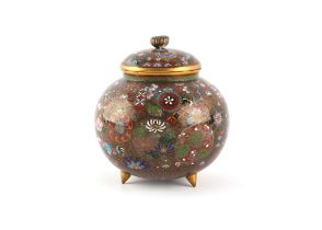 Property of a lady - a Japanese cloisonne koro, the cover with chrysanthemum bud finial, 3.65ins.