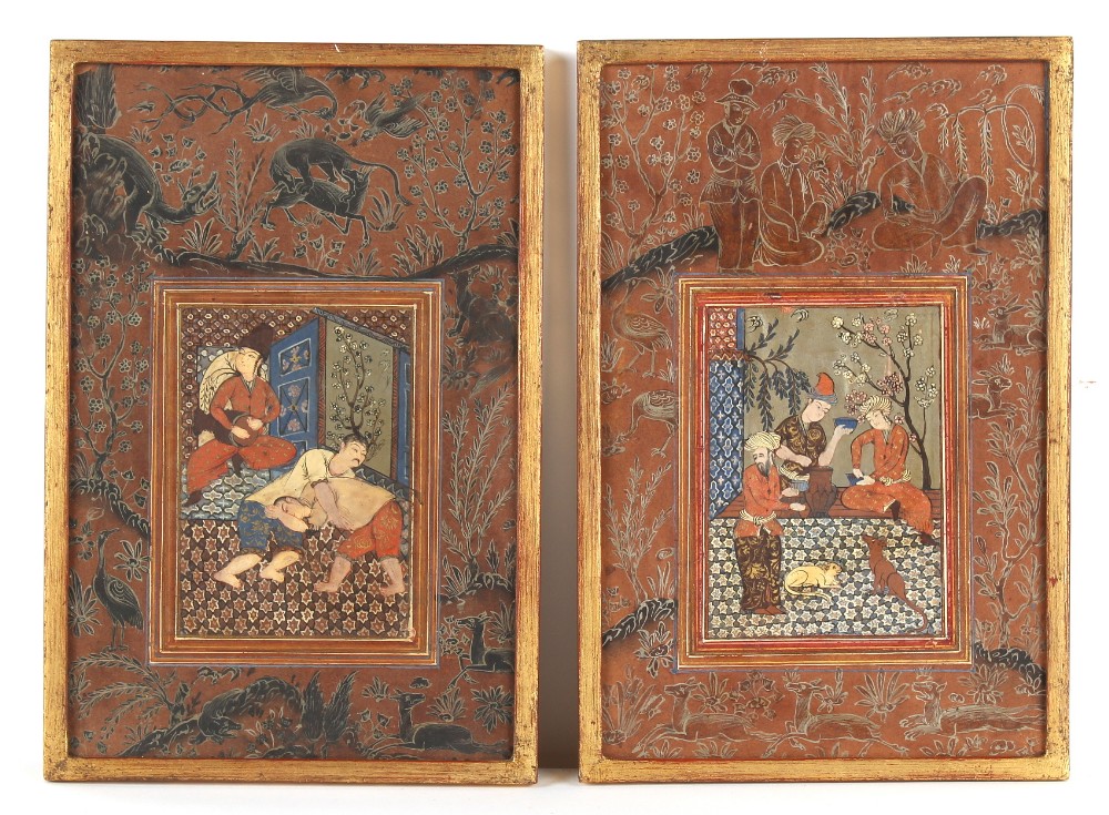 Property of a lady - a pair of Persian gouache miniature paintings on paper, one depicting a