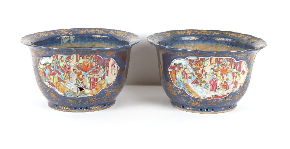 Property of a lady - a pair of 19th century Chinese blue & gilt ground planters or jardinieres, both - Image 2 of 2