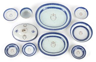 A small quantity of 18th century Chinese Qianlong export armorial porcelain dinnerware, the larger