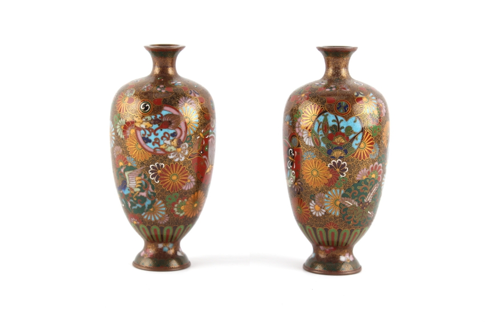 Property of a lady - a pair of Japanese cloisonne baluster vases, unmarked, condition good, 4. - Image 3 of 3