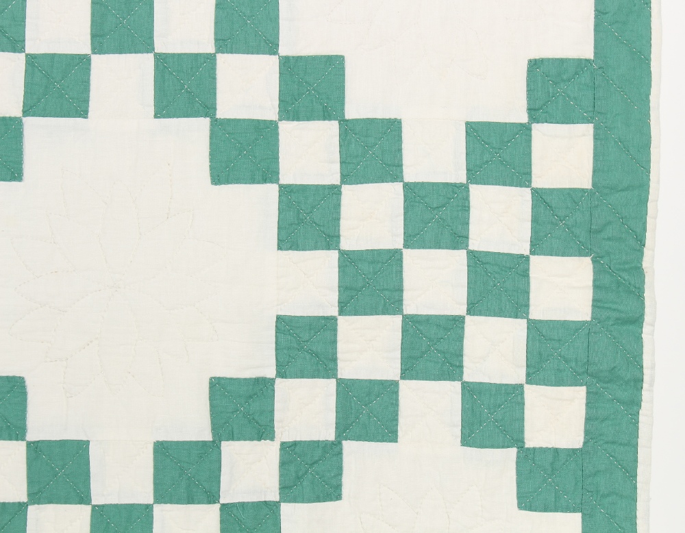 Property of a lady - a large green & white geometric patchwork quilt, probably late 19th century, in - Image 2 of 2
