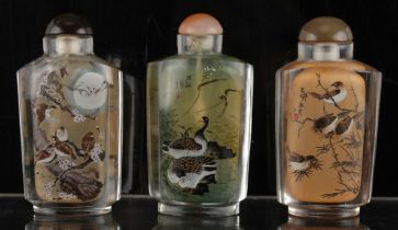 Property of a deceased estate - three Chinese inside painted glass snuff bottles, each of navette