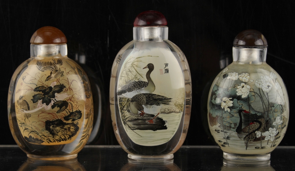 Property of a deceased estate - three Chinese inside painted glass snuff bottles, each of slightly - Image 2 of 2